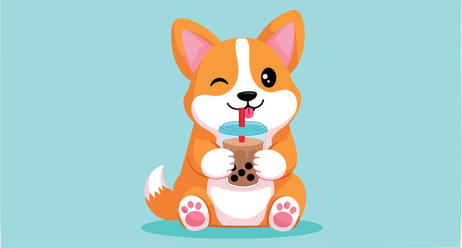 cheerful corgi dog enjoying bubble tea