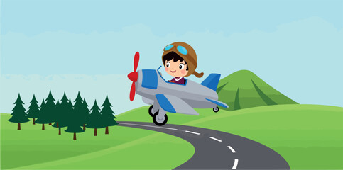 smiling child joyfully flying a small airplane over a scenic landscape