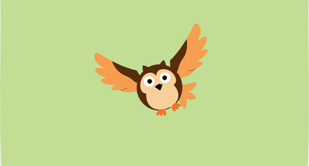 cartoon owl with outstretched wings soars across a pale green sky