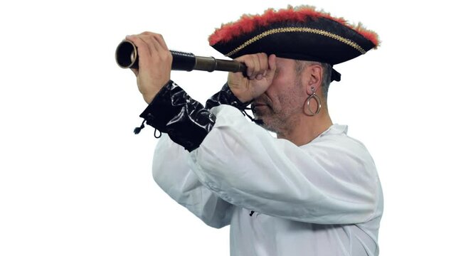 Cinematic style of pirate captain with an eye patch gazing into far horizon through telescope, Full HD footage with alpha transparency channel isolated on white background 