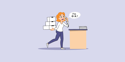 cheerful woman carries boxes while on a phone call showcasing multitasking and positive communication.