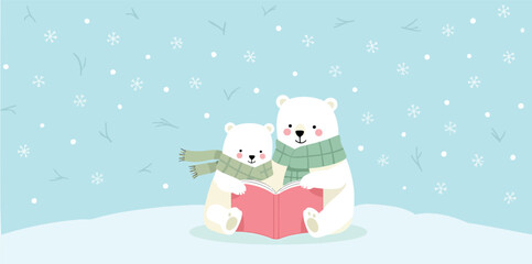 two bears sharing a book in snowy winter landscape