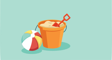 beach ball sand bucket and shovel on a teal background © Rysak