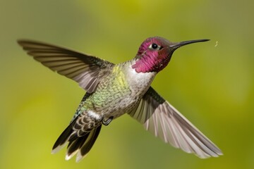 Fototapeta premium Adult male Annas hummingbird hovers gracefully while sipping nectar in vibrant surroundings during a sunny afternoon