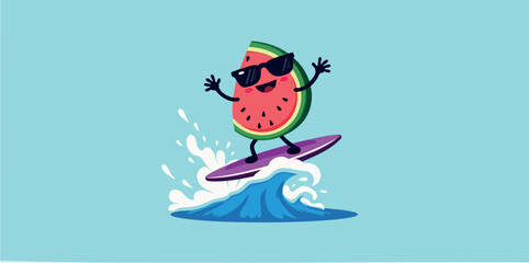 smiling watermelon slice surfing on a summer wave