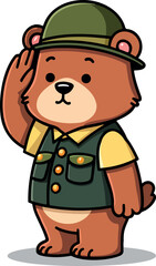 cute brown bear salutes while wearing a military-style hat and uniform.