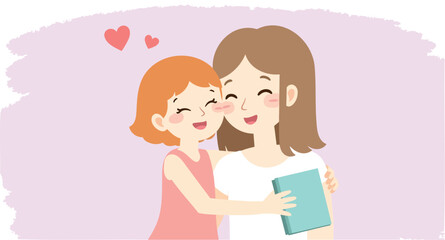 heartwarming embrace between two smiling women holding a book