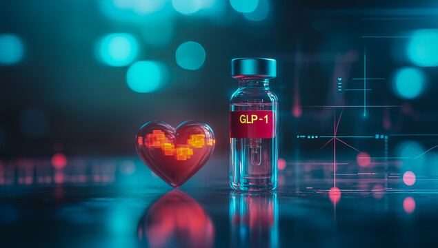 A vial of GLP-1 placed on the table, with a heart symbol and a dynamic graph background, symbolizes health and scientific progress.