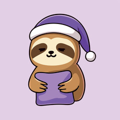 adorable sloth in purple sleep cap hugging a pillow