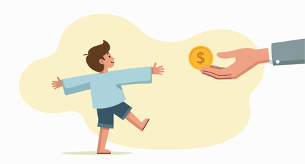happy boy receives a gold coin from a giving hand
