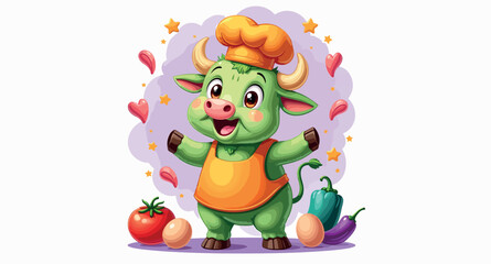 cheerful green bull chef stands happily with fresh vegetables and eggs