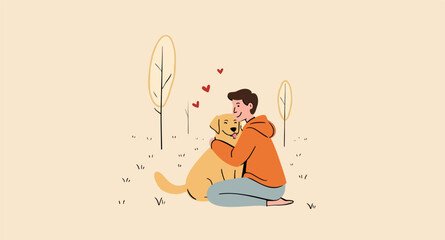 man warmly embracing his golden retriever in a peaceful park setting