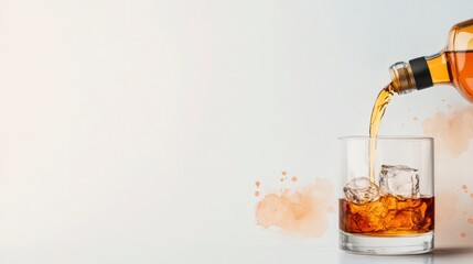 Vibrant Watercolor Illustration of Whiskey Bottle Pouring into Glass with Ice Cubes