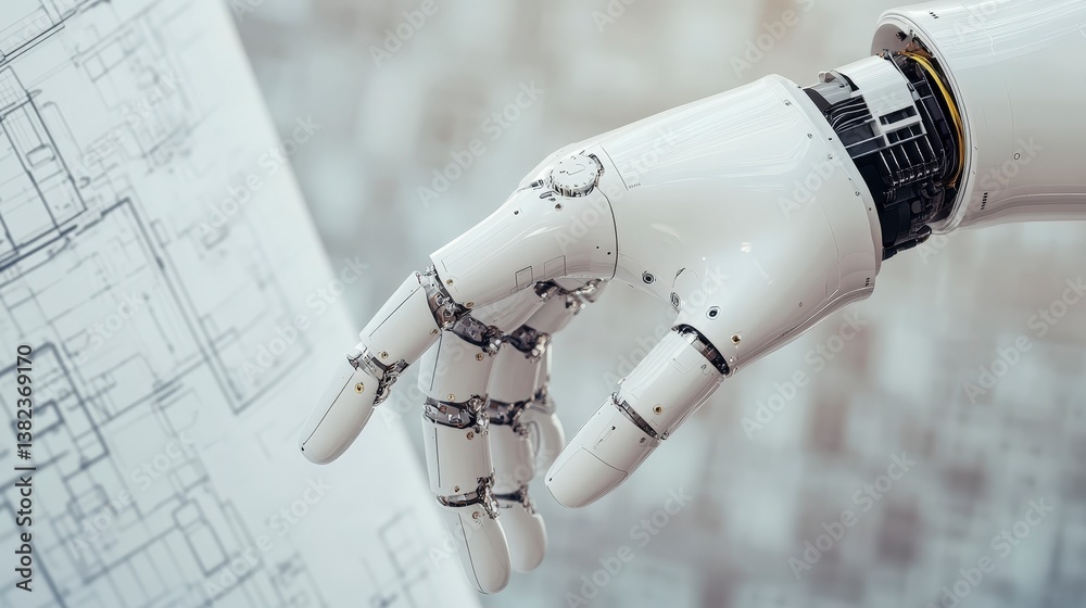 Poster advanced ai-driven hand with minimalist 3d render showcasing futuristic robotics technology