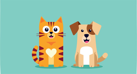 cheerful tabby cat and friendly tan and brown dog sitting together