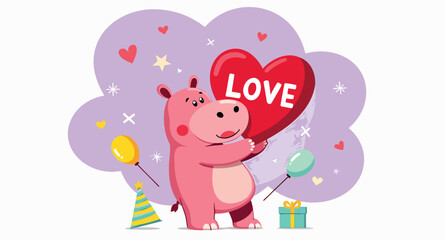 playful pink hippopotamus holding a love balloon