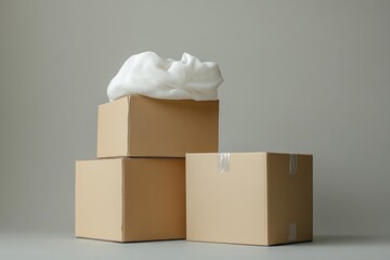 Three stacked cardboard boxes with packing foam sit on a gray surface. Use it for moving, storage, shipping, or small business needs.