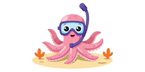 playful pink octopus in diving gear on sandy seabed