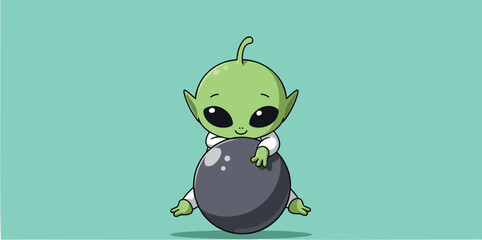 playful green alien embracing a gray sphere