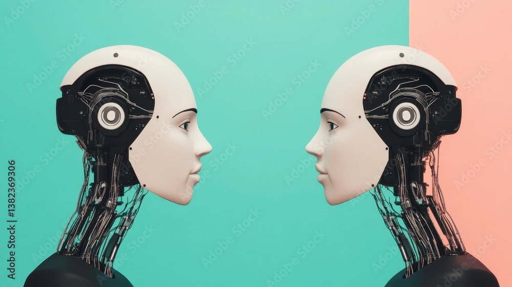 Poster futuristic machine learning dialogue system with robotic heads in abstract background