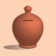 A classic Indian earthen piggy bank, known as "Gullak," used for saving coins and small savings. This traditional money-saving jar is made of clay and has a simple slot for inserting money.