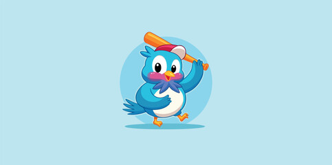 adorable blue bird cartoon character playfully holding baseball bat
