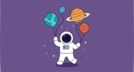 cheerful astronaut joyfully floating in space with colorful planet balloons © Rysak