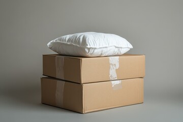 Two cardboard boxes with tape, topped with a fluffy white pillow. It's ideal for moving announcements and home relocation promotions.