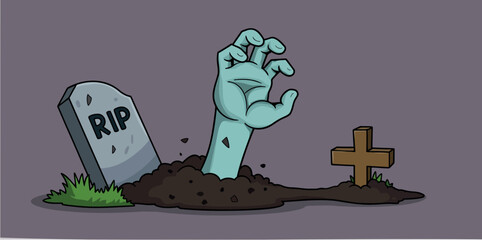 pale blue zombie hand emerges from the dark earth near a tombstone and a wooden