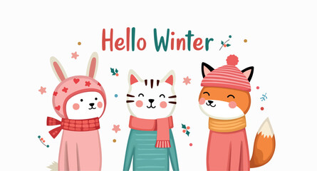 adorable winter animals: a bunny cat and fox wearing warm clothing
