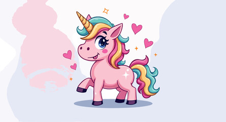 adorable pink unicorn with multicolored mane and tail