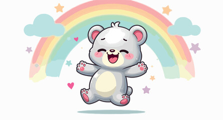 playful bear cub leaping joyfully against a pastel rainbow