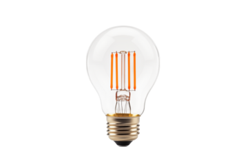 Close up of a clear light bulb with orange filaments and a gold base on a  on transparent background png