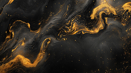 Golden stardust drifting in a deep black void, glittering background in shades of black and gold perfect for elegant designs, Abstract golden waves with a dark background.