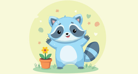 cheerful blue raccoon standing next to a potted yellow flower
