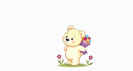 adorable yellow teddy bear holding a colorful flower bouquet