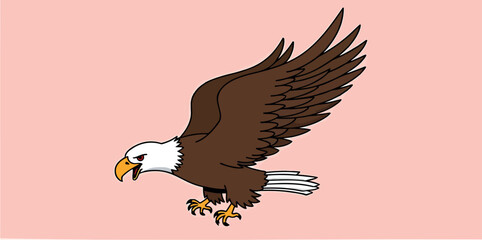 majestic bald eagle in flight its wings spread wide against a soft pink background.