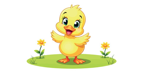 cheerful of a cute yellow chick standing amidst two bright yellow flowers in a vibrant green field.
