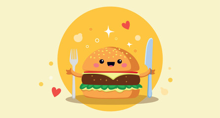 happy cartoon burger character holding a fork and knife