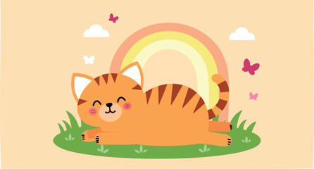 happy tabby cat resting in a grassy meadow with rainbow