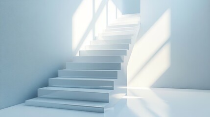 Fototapeta premium 75.A clean and geometric design of white steps paired with transparent glass panels, leading upward in a bright, open interior with subtle shadows.