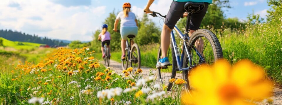 Family Bicycle Ride on Scenic Pathway Surrounded by Wildflowers