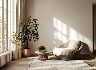 3D rendering of a modern interior design, a minimalist living room with a white wall mock-up and a wooden floor in a clean style