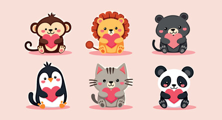 six adorable animals holding hearts expressing love and friendship