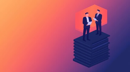 Futuristic 3D Isometric Business Scene with Executives Standing on Stack of Documents
