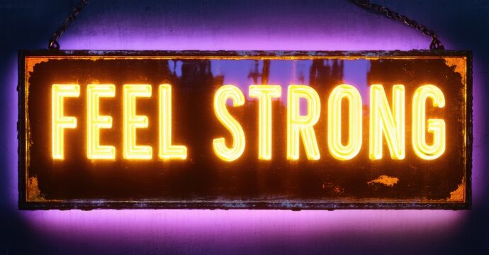 Naklejki Heavy glowing feel strong sign in gold and violet hues mounted on old glass with glowing edges and flickering tubes