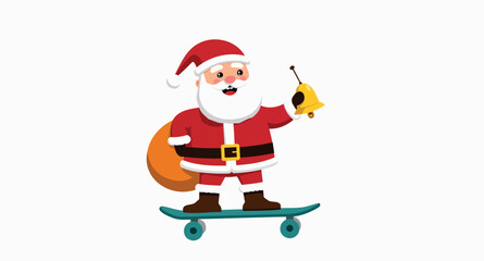 jolly santa claus skateboarding with a golden bell