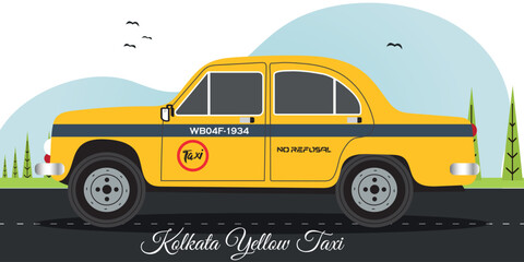 This is an illustrated version of the iconic yellow Ambassador taxi of Kolkata, complete with the signature “No Refusal” tag and registration plate. with natural background.