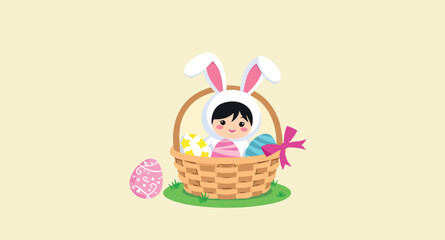 cheerful child in a bunny costume sits in a basket with easter eggs