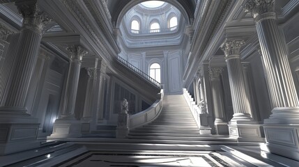 11.A dramatic perspective of the Capitol building viewed from the base of its staircase, with intricate architectural details and bright midday lighting.